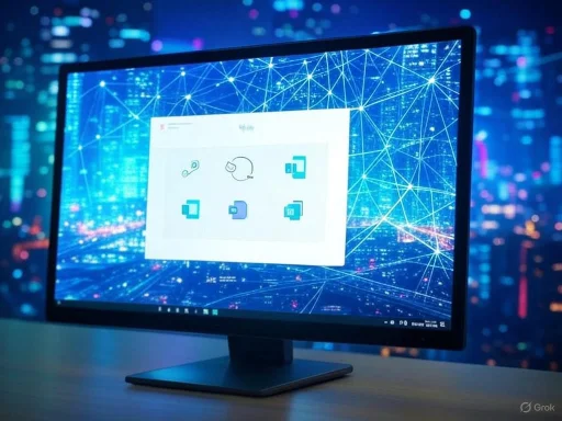 A computer monitor displays app icons with a futuristic digital background of interconnected network lines and colorful city lights. A computer monitor displays app icons with a futuristic digital background of interconnected network lines and colorful city lights.