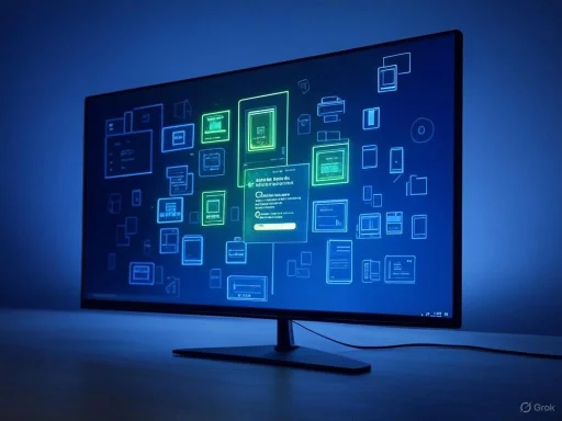 A computer monitor displays a digital interface with various app icons and windows against a dark blue background. A computer monitor displays a digital interface with various app icons and windows against a dark blue background.
