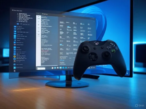 A gaming controller floats in front of a computer screen displaying a user interface.
