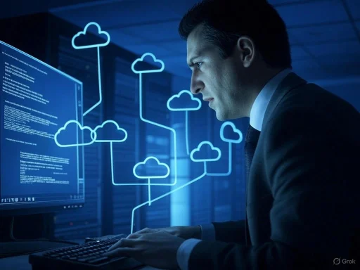 A businessman works on a computer amid cloud computing diagrams and code, indicating data management or cybersecurity.