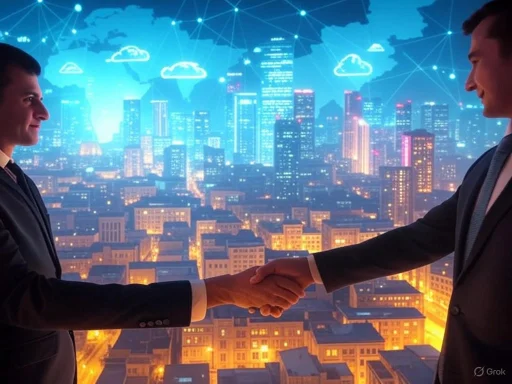 Two businessmen shake hands in front of a digitally enhanced city skyline with a global network overlay.