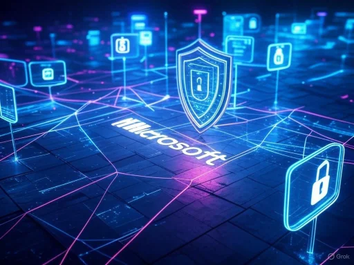 A digital illustration of cybersecurity, featuring the Microsoft logo, shield, and padlock icons representing data protection.
