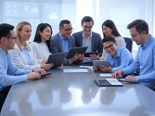 Team of professionals collaborating and sharing ideas during a lively business meeting.
