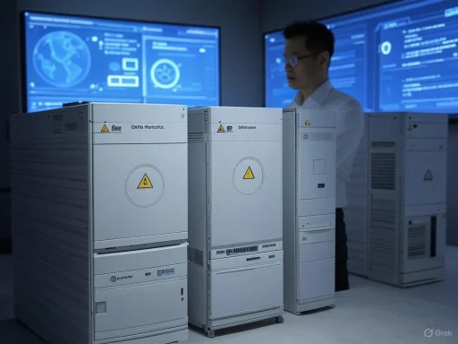 A technician monitors advanced servers and digital displays in a high-tech data center or cybersecurity facility.