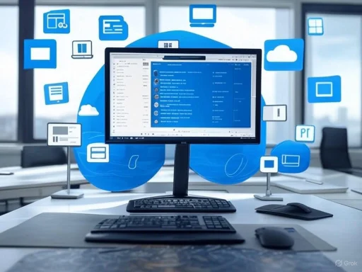 A modern office workspace with a computer display showing email, surrounded by floating digital icons representing cloud services and apps.