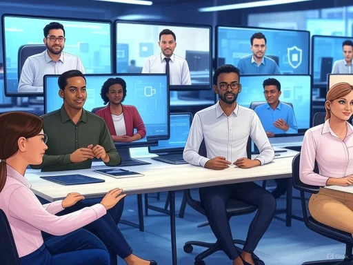 A diverse group of professionals participating in a virtual meeting in a modern office.