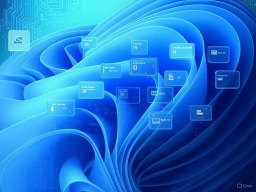 A digital abstract with flowing blue waves and floating data icons representing technology and connectivity.