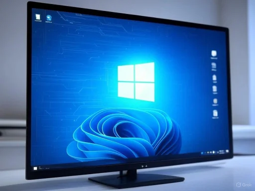 A computer monitor displays the Windows 11 desktop with icons and a blue, tech-themed background.