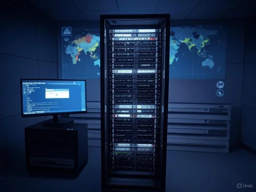 A computer server room with a central server rack, monitor, wall-mounted world map, and control panels. A computer server room with a central server rack, monitor, wall-mounted world map, and control panels.