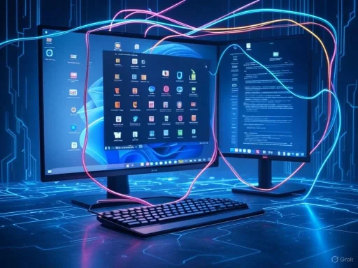 Dual computer monitors display a tech-inspired digital environment with neon lines and circuit-like patterns.