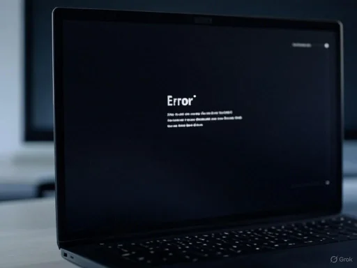 A laptop displaying a dark screen with a white error message. A laptop displaying a dark screen with a white error message.