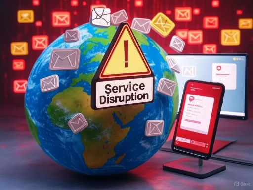 A globe surrounded by floating email icons with a warning sign reading 'Service Disruption' signifies global email service interruption. A globe surrounded by floating email icons with a warning sign reading 'Service Disruption' signifies global email service interruption.