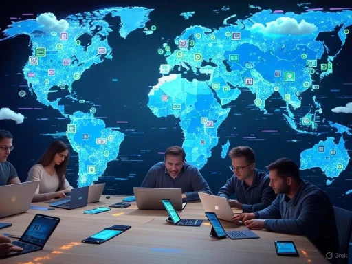 A diverse group of people work on laptops in a conference room with a digital world map displayed on the wall behind them.