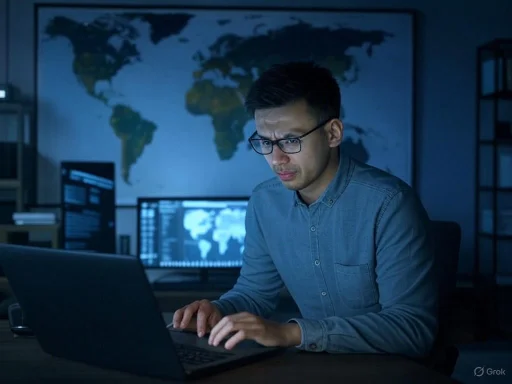 A man in glasses works intently on a laptop in a dark room with multiple screens showing a world map and data.