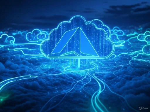A digital neon cloud with sailboats inside, connected by glowing lines over a cloudy sky background.