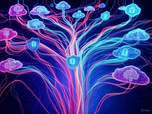 A digital illustration of a neural network with glowing cloud icons and padlock symbols representing data security.