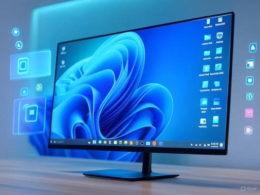A sleek computer monitor displays a Windows desktop with floating digital interface icons on a modern desk.