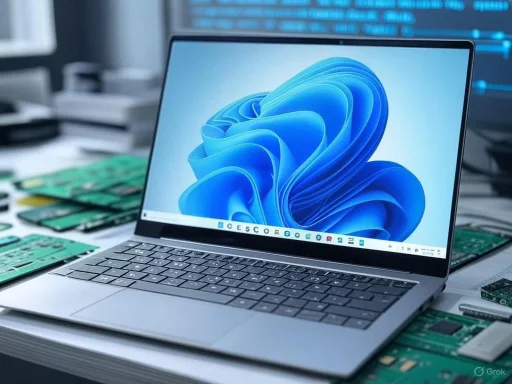 A laptop displaying a blue abstract swirl wallpaper, surrounded by computer components and circuit boards on a workbench.