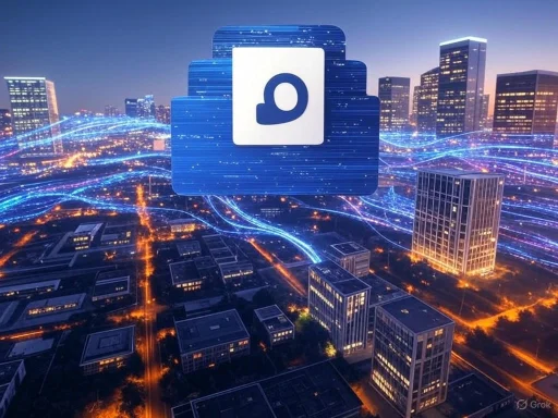A cityscape with digital glowing lines and a floating cloud icon symbolizing cloud storage or technology.