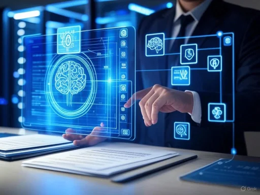 A person interacts with a holographic interface displaying brain and health-related icons in a futuristic digital environment.