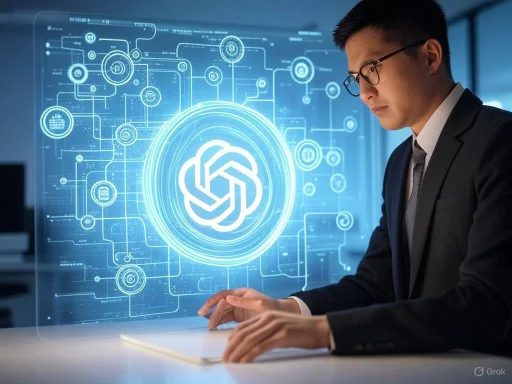 A businessman in a suit interacts with a futuristic digital interface focused on blockchain or cryptocurrency technology.