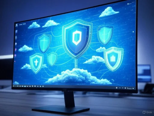 A computer monitor displays digital security shields against a cloud-themed background.