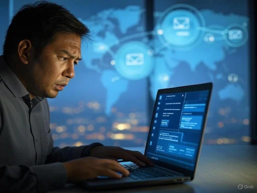 A man intensely focused on his laptop in front of a digital world map with email icons, indicating cybersecurity or data analysis.