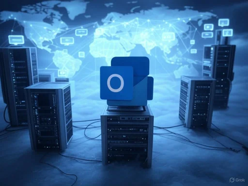 Server racks surround a laptop with Microsoft Outlook logo, with a digital world map and communication icons in the background.