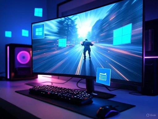 A gaming or digital work setup with a large monitor displaying a futuristic space scene, surrounded by colorful lighting.