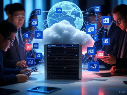 Businesspeople use smartphones around a cloud storage server with a digital globe and app icons, symbolizing cloud computing.