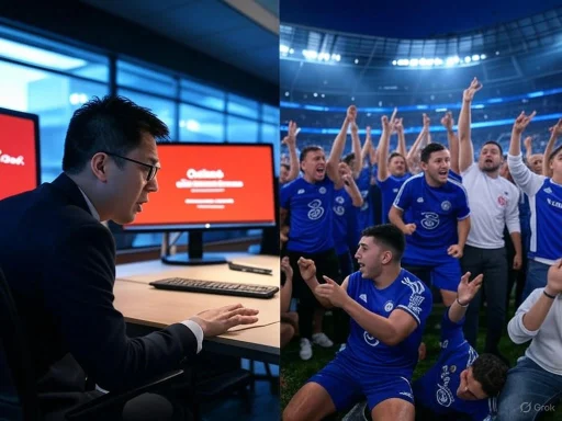 A businessman working on his computer on the left and a victorious soccer team celebrating on the right. A businessman working on his computer on the left and a victorious soccer team celebrating on the right.