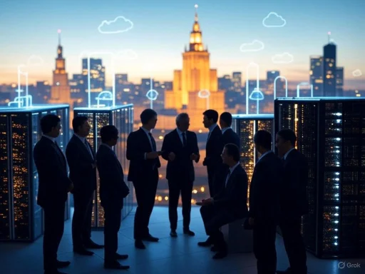 Business team discussing on a rooftop with city skyline and digital cloud icons in the background.