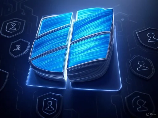 A digital illustration of the Windows logo with a glowing, futuristic design surrounded by privacy and security icons.