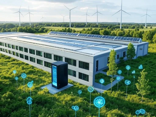 A modern eco-friendly building with solar panels, wind turbines, and digital icons indicating green energy technologies.