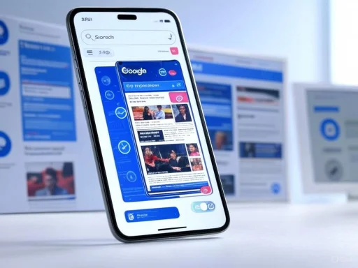 A smartphone displays a news app with a website open, surrounded by blurred computer screens in the background.