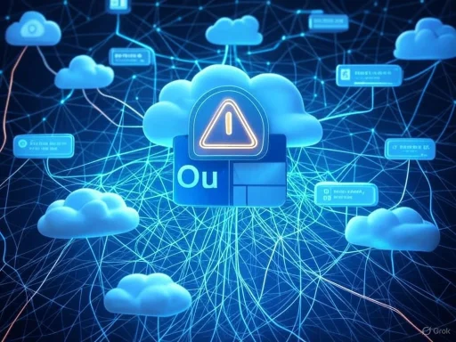 Cloud-based network security warning with interconnected clouds and data alerts.