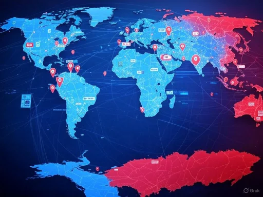 Global digital network map with interconnected points, highlighting Asia and Oceania in red and rest of world in blue.