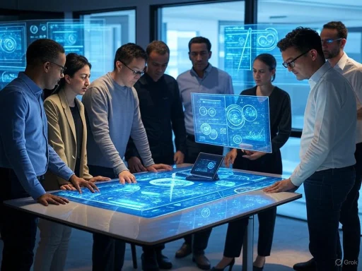 Team of professionals analyzing data displayed on an interactive, futuristic digital table in a high-tech conference room.