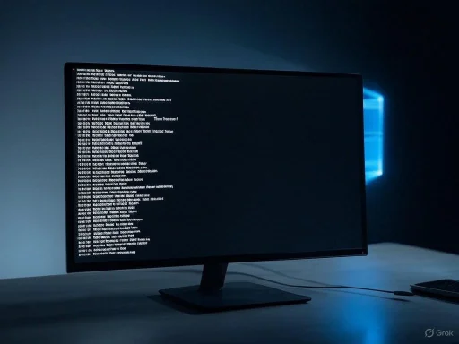 A computer monitor displays lines of code or text in a dark room, with the Windows logo visible in the background.