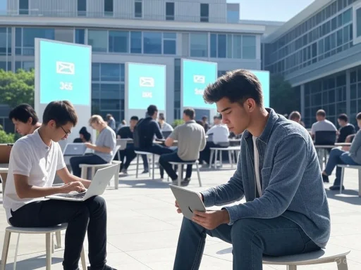 Young people using laptops and tablets outdoors in a modern campus courtyard.