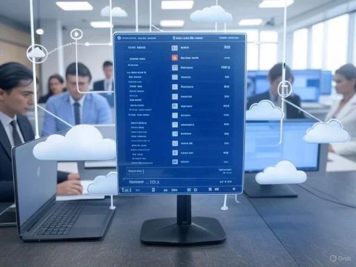 A digital display shows data analysis and cloud computing concepts in a modern office with business professionals in the background.