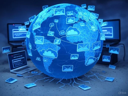 A digital globe surrounded by cloud icons, email graphics, and laptops, symbolizing global cloud computing and connectivity. A digital globe surrounded by cloud icons, email graphics, and laptops, symbolizing global cloud computing and connectivity.