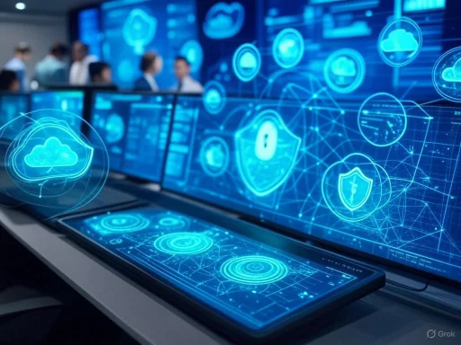 People in a tech conference observe digital security and cloud computing icons on screens.