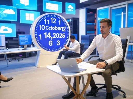 A man works at a desk with a laptop in a high-tech control room with large digital clocks and screens displaying cloud and data icons.