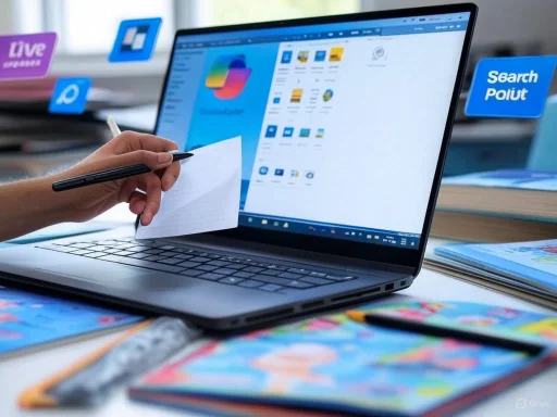 Person taking notes on a notepad while working on a laptop with colorful documents and digital icons around. Person taking notes on a notepad while working on a laptop with colorful documents and digital icons around.