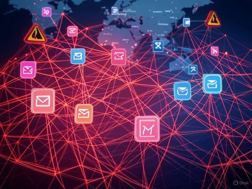 Digital network of interconnected email icons over a world map background, symbolizing global communication. Digital network of interconnected email icons over a world map background, symbolizing global communication.