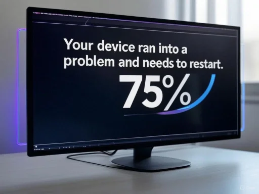 A monitor displays an error message: 'Your device ran into a problem and needs to restart,' with a 75% progress indicator.