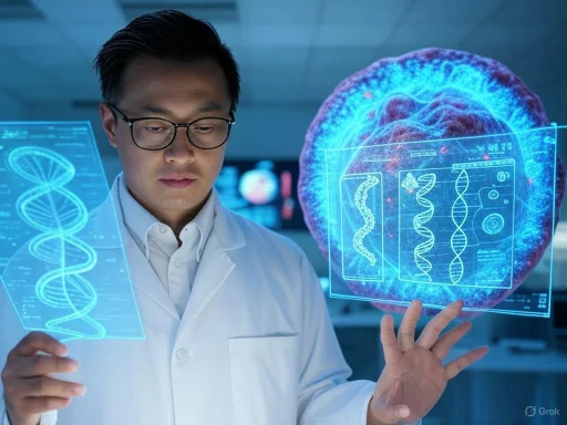 A scientist examines holographic DNA structures and a cell inside a laboratory.