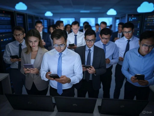 Group of professionals in a data center, all focused on their smartphones, surrounded by servers and cloud icons. Group of professionals in a data center, all focused on their smartphones, surrounded by servers and cloud icons.