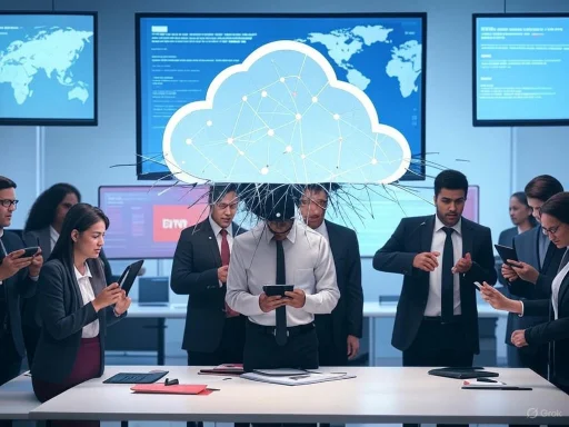Businesspeople surround a table with a cloud computing graphic, emphasizing a tech-focused, collaborative atmosphere.